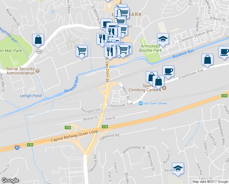 map of restaurants, bars, coffee shops, grocery stores, and more near 582 Harrison Circle in Alexandria
