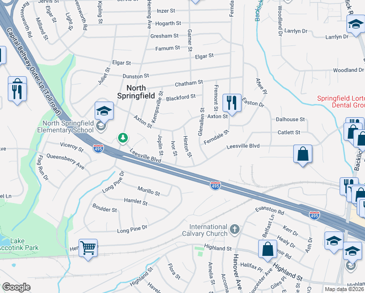 map of restaurants, bars, coffee shops, grocery stores, and more near 5509 Hinton Street in Springfield