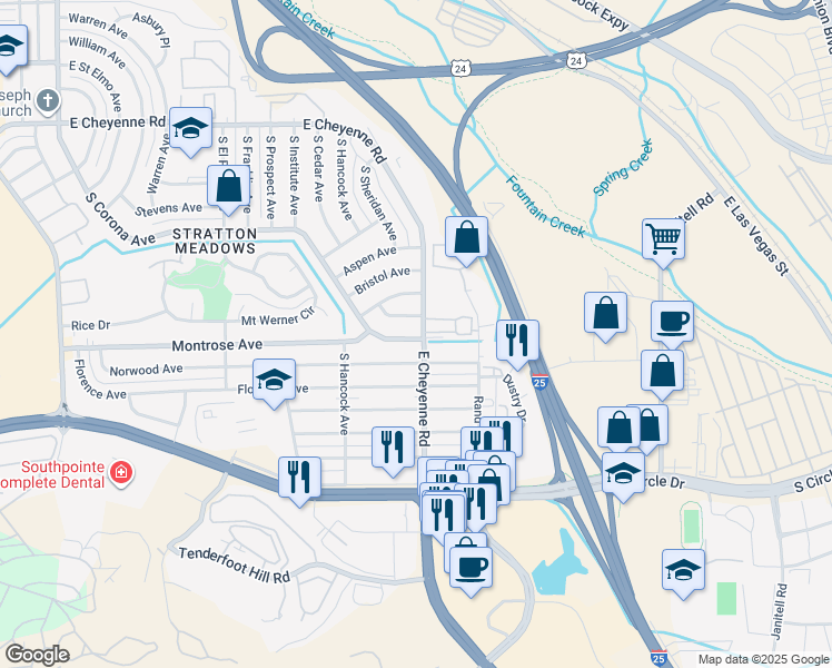 map of restaurants, bars, coffee shops, grocery stores, and more near 2222 South Corona Avenue in Colorado Springs