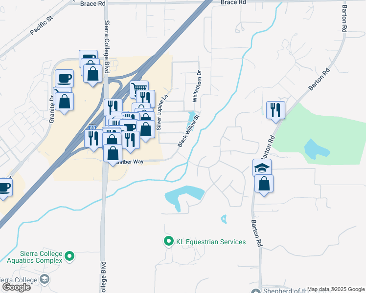 map of restaurants, bars, coffee shops, grocery stores, and more near 5604 Black Willow Street in Rocklin