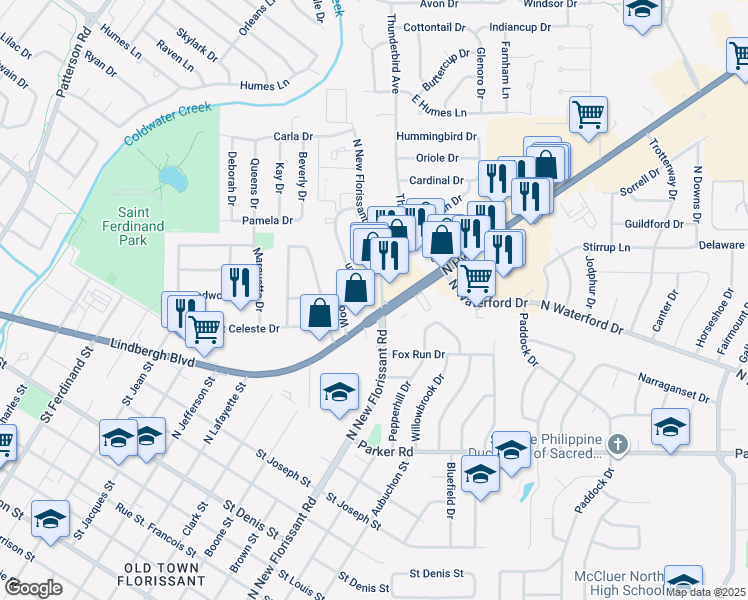 map of restaurants, bars, coffee shops, grocery stores, and more near 1755 North New Florissant Road in Florissant