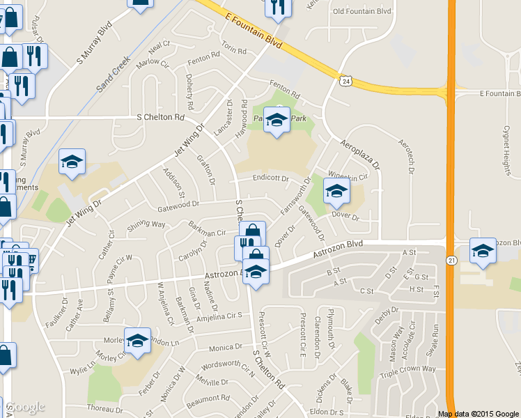 map of restaurants, bars, coffee shops, grocery stores, and more near 4650 Anjelina Circle North in Colorado Springs