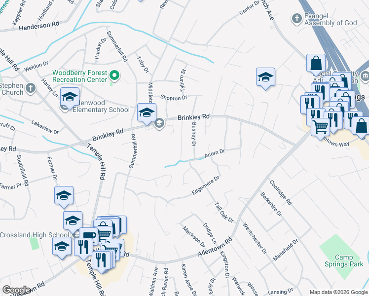 map of restaurants, bars, coffee shops, grocery stores, and more near 5916 John Adams Drive in Temple Hills