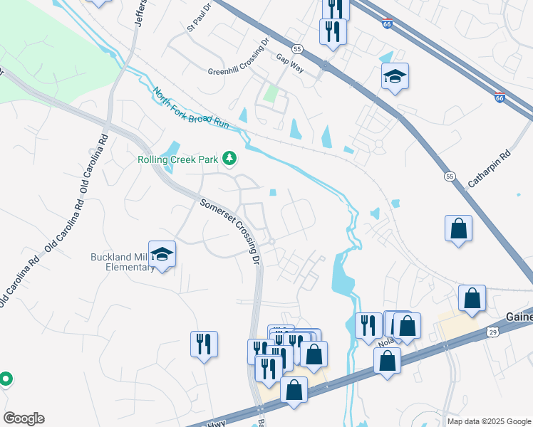 map of restaurants, bars, coffee shops, grocery stores, and more near 7247 Traphill Way in Gainesville