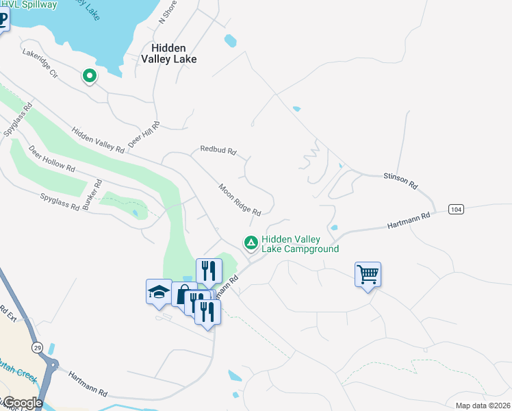 map of restaurants, bars, coffee shops, grocery stores, and more near 19242 Moon Ridge Road in Hidden Valley Lake