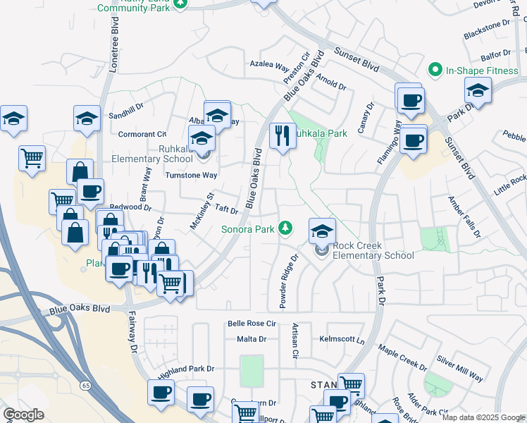 map of restaurants, bars, coffee shops, grocery stores, and more near 6328 Lookout Pass Way in Rocklin
