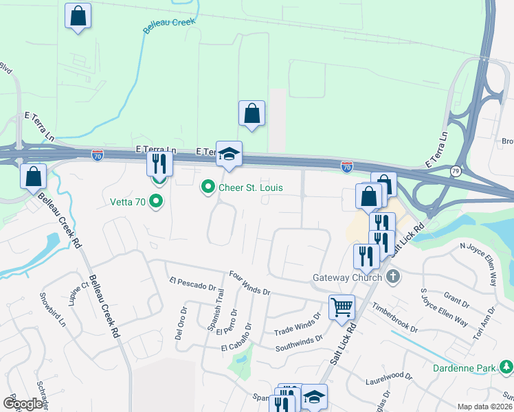 map of restaurants, bars, coffee shops, grocery stores, and more near 60 Richmond Center Court in St. Peters