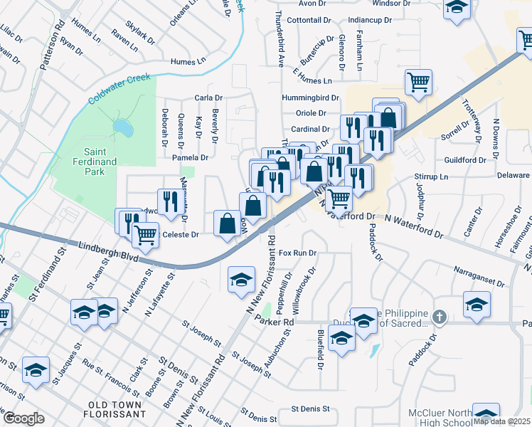 map of restaurants, bars, coffee shops, grocery stores, and more near 1755 North New Florissant Road in Florissant