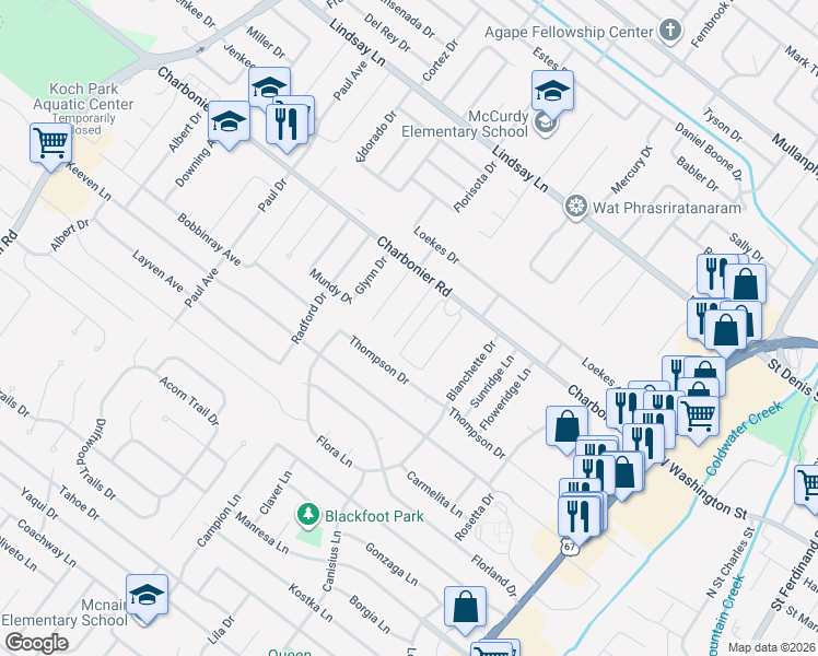map of restaurants, bars, coffee shops, grocery stores, and more near 17 Elwood Court in Florissant