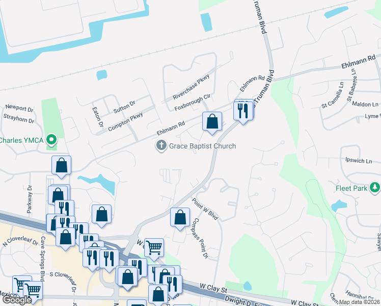 map of restaurants, bars, coffee shops, grocery stores, and more near 3523 Truman Terrace Drive in Saint Charles