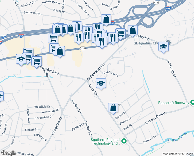 map of restaurants, bars, coffee shops, grocery stores, and more near 6443 Entwood Court in Fort Washington