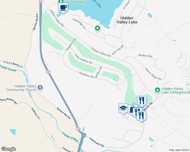 map of restaurants, bars, coffee shops, grocery stores, and more near 18642 Spyglass Road in Hidden Valley Lake
