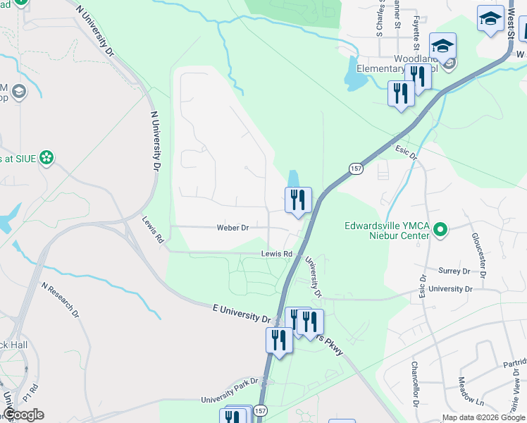 map of restaurants, bars, coffee shops, grocery stores, and more near 1101 Timberlake Drive in Edwardsville