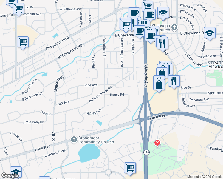 map of restaurants, bars, coffee shops, grocery stores, and more near 87 West Old Broadmoor Road in Colorado Springs