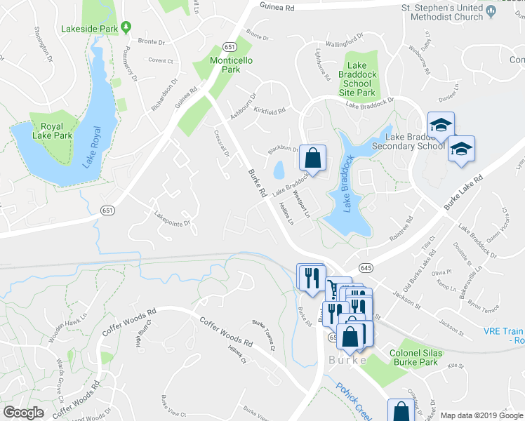 map of restaurants, bars, coffee shops, grocery stores, and more near 5601 Castlebury Court in Burke