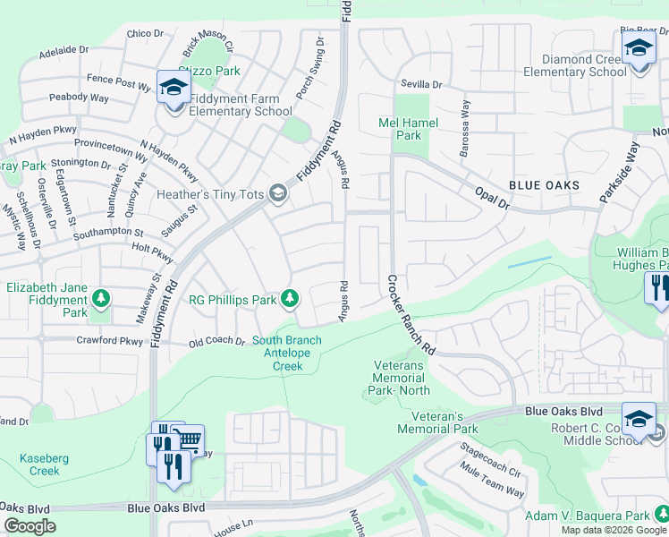 map of restaurants, bars, coffee shops, grocery stores, and more near 4064 Haystack Way in Roseville