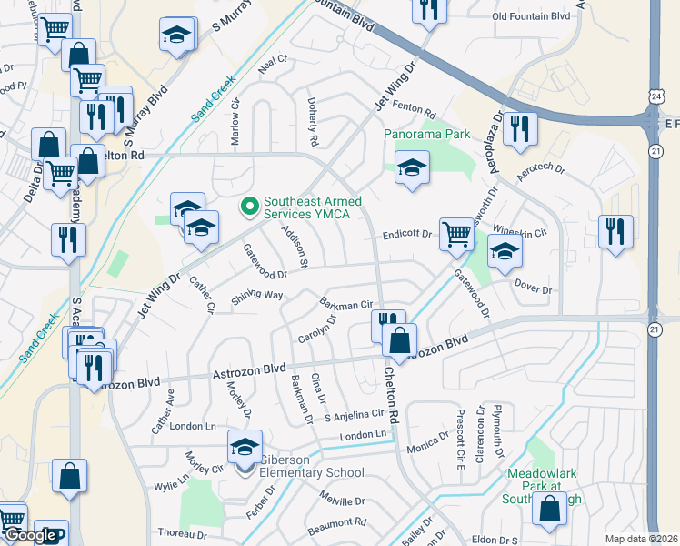 map of restaurants, bars, coffee shops, grocery stores, and more near 4525 Gatewood Drive in Colorado Springs