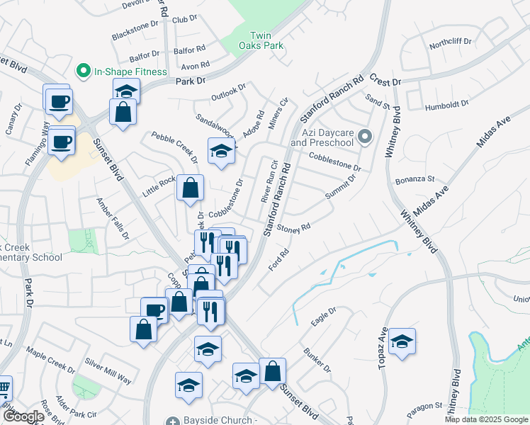 map of restaurants, bars, coffee shops, grocery stores, and more near 5704 River Run Circle in Rocklin