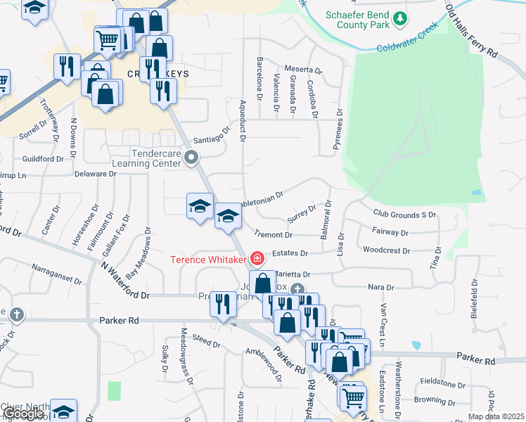 map of restaurants, bars, coffee shops, grocery stores, and more near 1550 Hollywood Lane in Florissant