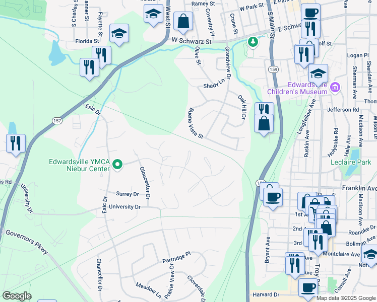 map of restaurants, bars, coffee shops, grocery stores, and more near 11 Warwick Park Lane in Edwardsville