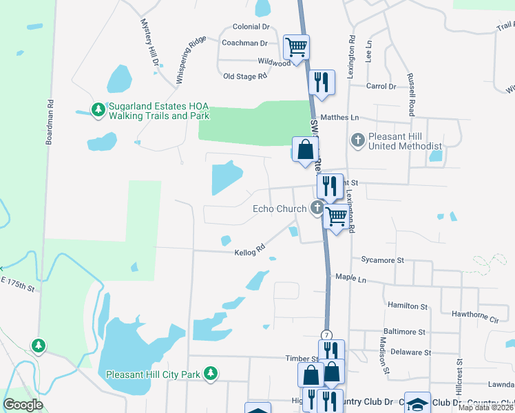 map of restaurants, bars, coffee shops, grocery stores, and more near 805 Tall Grass Drive in Pleasant Hill