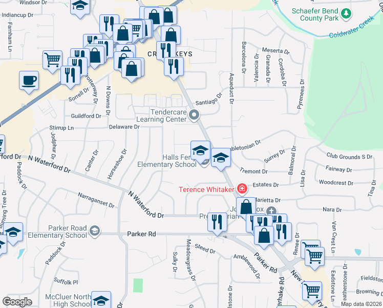 map of restaurants, bars, coffee shops, grocery stores, and more near 95 Sackett Drive in Florissant