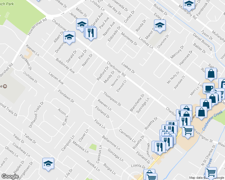 map of restaurants, bars, coffee shops, grocery stores, and more near 21 Norine Court in Florissant