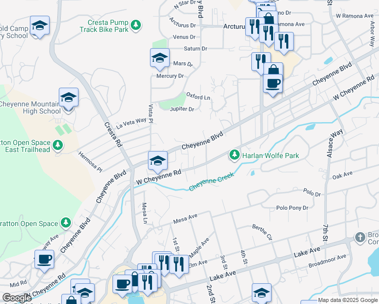 map of restaurants, bars, coffee shops, grocery stores, and more near 1093 Cheyenne Boulevard in Colorado Springs