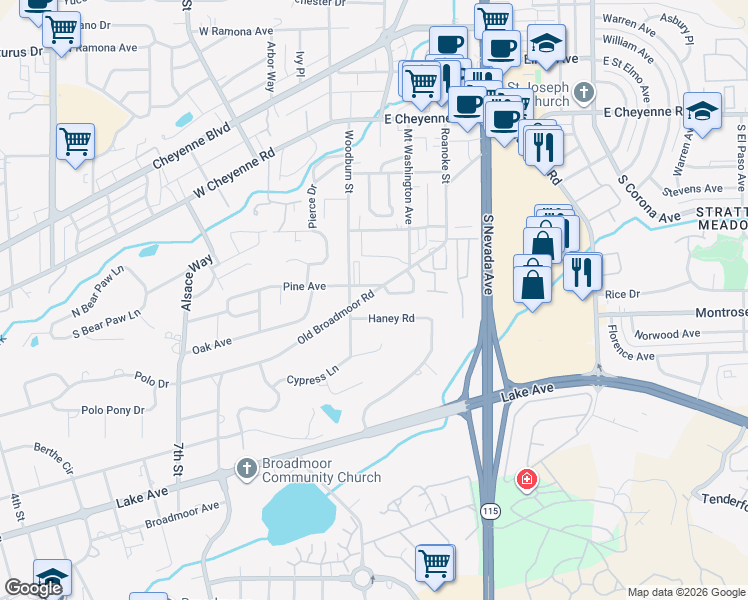 map of restaurants, bars, coffee shops, grocery stores, and more near 87 West Old Broadmoor Road in Colorado Springs
