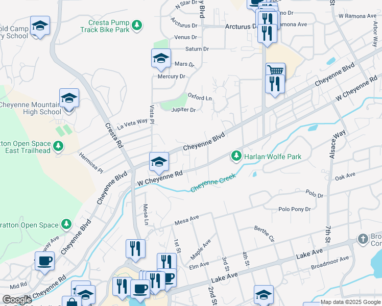 map of restaurants, bars, coffee shops, grocery stores, and more near 1093 Cheyenne Boulevard in Colorado Springs