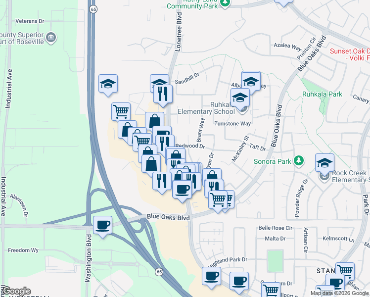 map of restaurants, bars, coffee shops, grocery stores, and more near 1412 Redwood Drive in Rocklin
