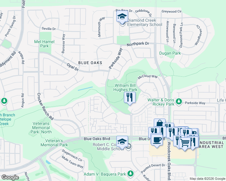 map of restaurants, bars, coffee shops, grocery stores, and more near 1701 Parkside Way in Roseville