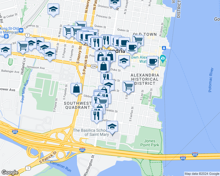 map of restaurants, bars, coffee shops, grocery stores, and more near 601 Wilkes Street in Alexandria