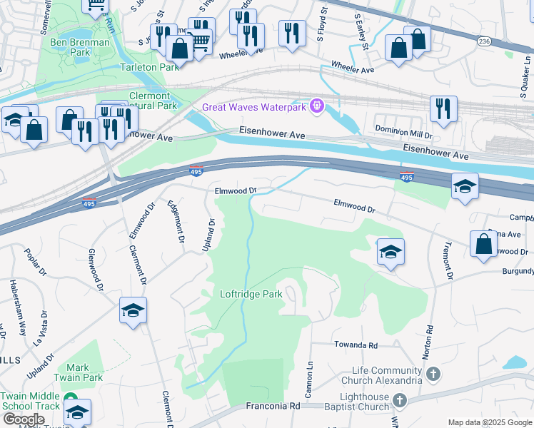 map of restaurants, bars, coffee shops, grocery stores, and more near 5549 Halwis Street in Alexandria
