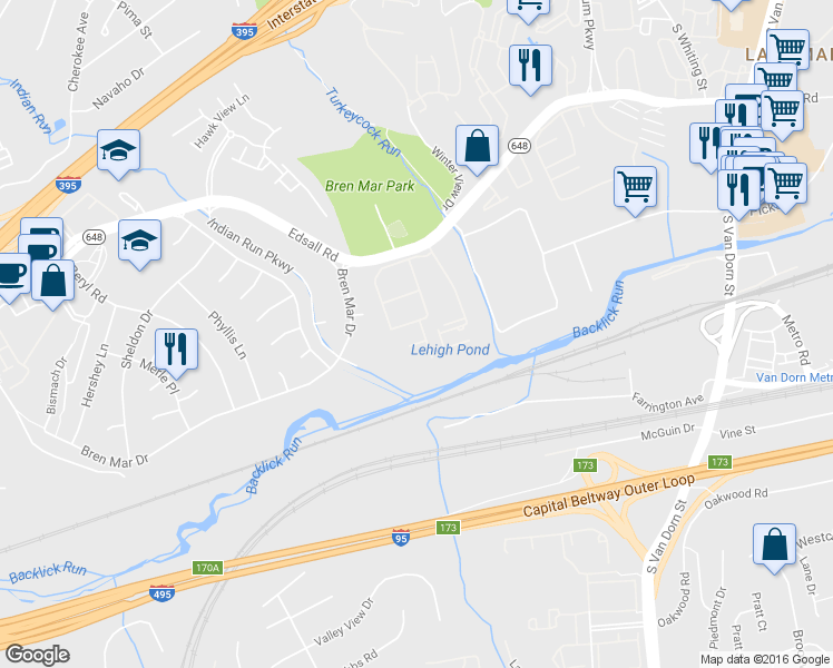 map of restaurants, bars, coffee shops, grocery stores, and more near 5556 1st Statesman Lane in Alexandria