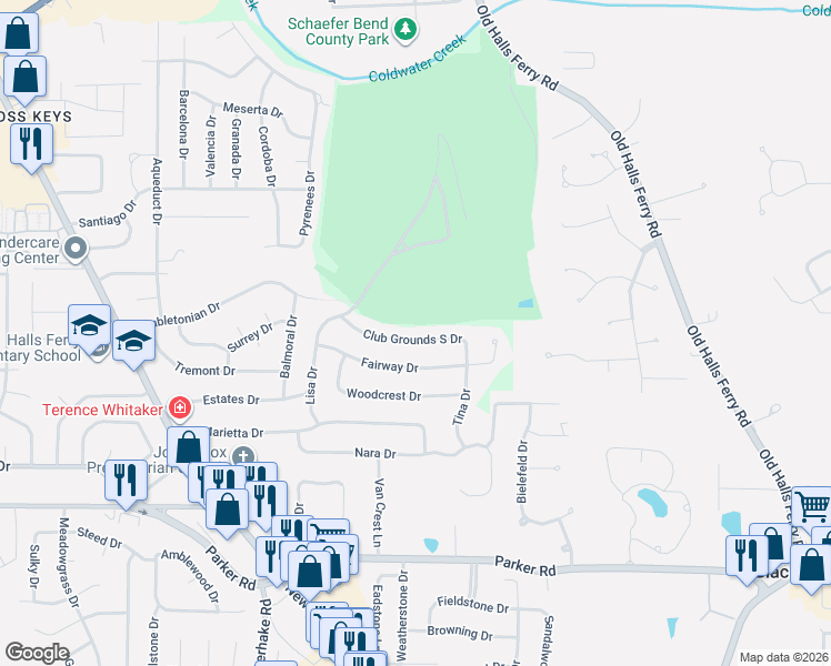 map of restaurants, bars, coffee shops, grocery stores, and more near 16 Club Grounds South Drive in Florissant
