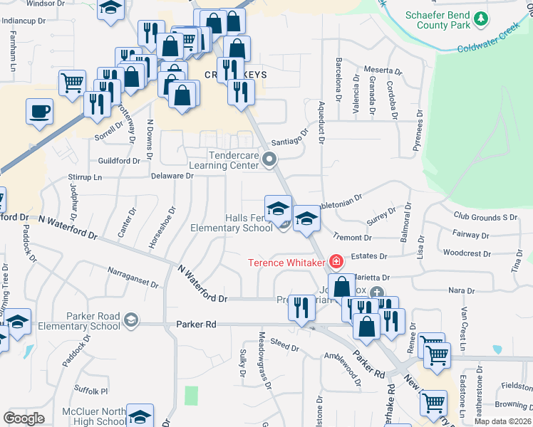 map of restaurants, bars, coffee shops, grocery stores, and more near 95 Sackett Drive in Florissant