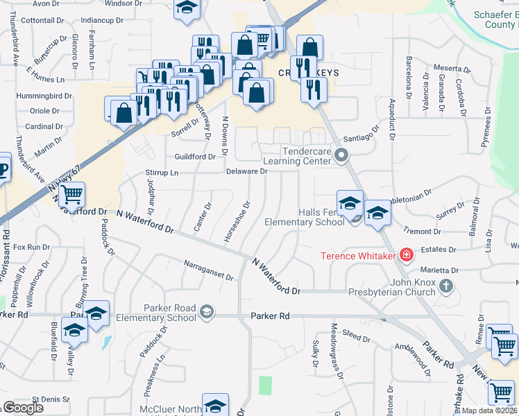map of restaurants, bars, coffee shops, grocery stores, and more near 1630 Fairmount Drive in Florissant