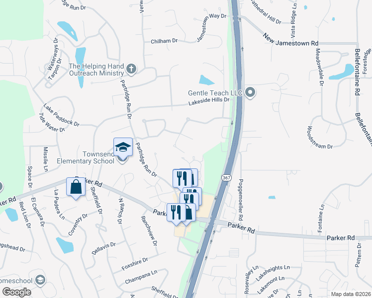 map of restaurants, bars, coffee shops, grocery stores, and more near 6836 Trois Court in Florissant