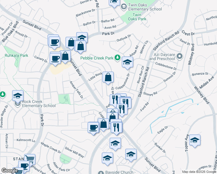 map of restaurants, bars, coffee shops, grocery stores, and more near 5920 Pebble Creek Drive in Rocklin