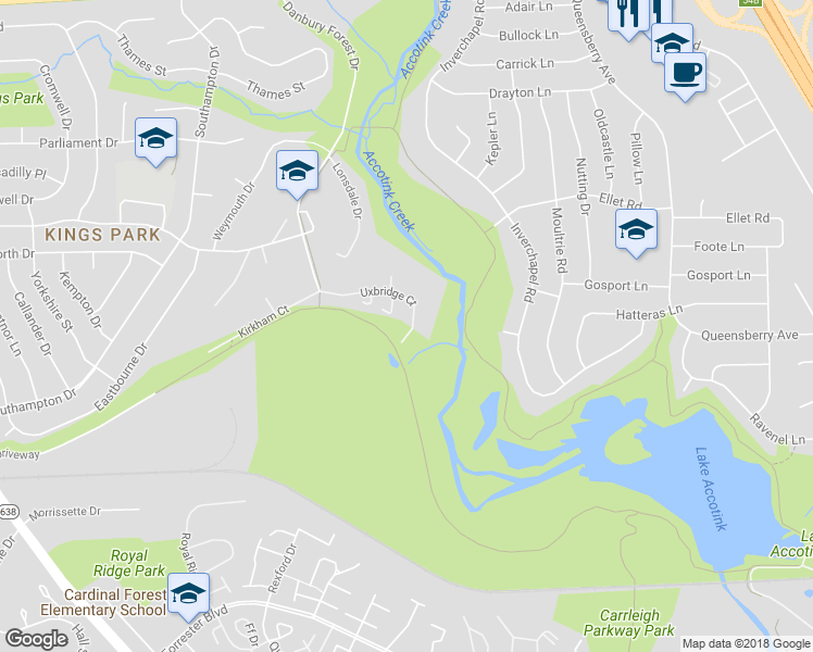 map of restaurants, bars, coffee shops, grocery stores, and more near 8319 Uxbridge Court in Springfield