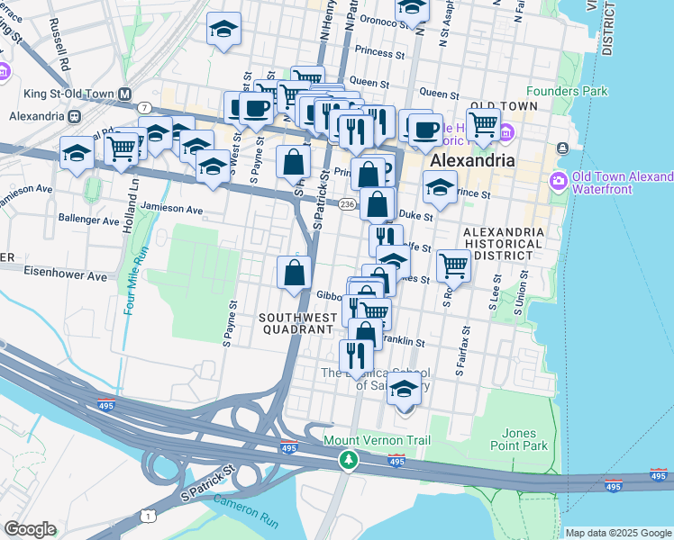 map of restaurants, bars, coffee shops, grocery stores, and more near 500 South Alfred Street in Alexandria