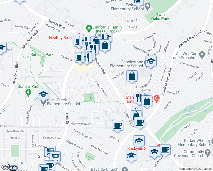 map of restaurants, bars, coffee shops, grocery stores, and more near 6009 Little Rock Road in Rocklin