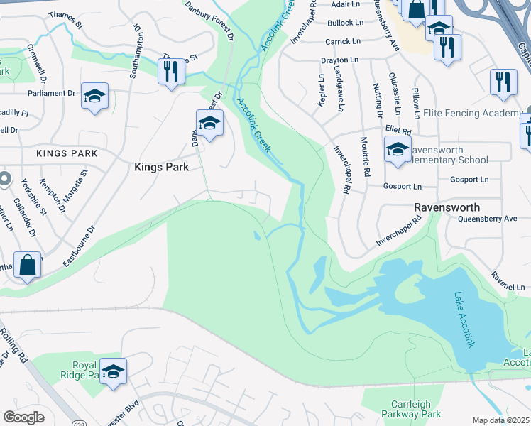 map of restaurants, bars, coffee shops, grocery stores, and more near 8319 Uxbridge Court in Springfield