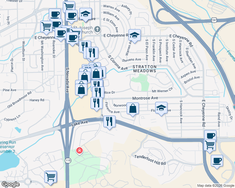 map of restaurants, bars, coffee shops, grocery stores, and more near 1031 Rice Drive in Colorado Springs