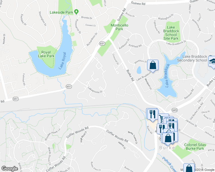 map of restaurants, bars, coffee shops, grocery stores, and more near 9723 Lakepointe Drive in Burke