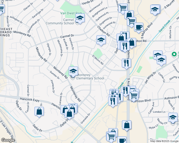 map of restaurants, bars, coffee shops, grocery stores, and more near 2235 Whitewood Drive in Colorado Springs