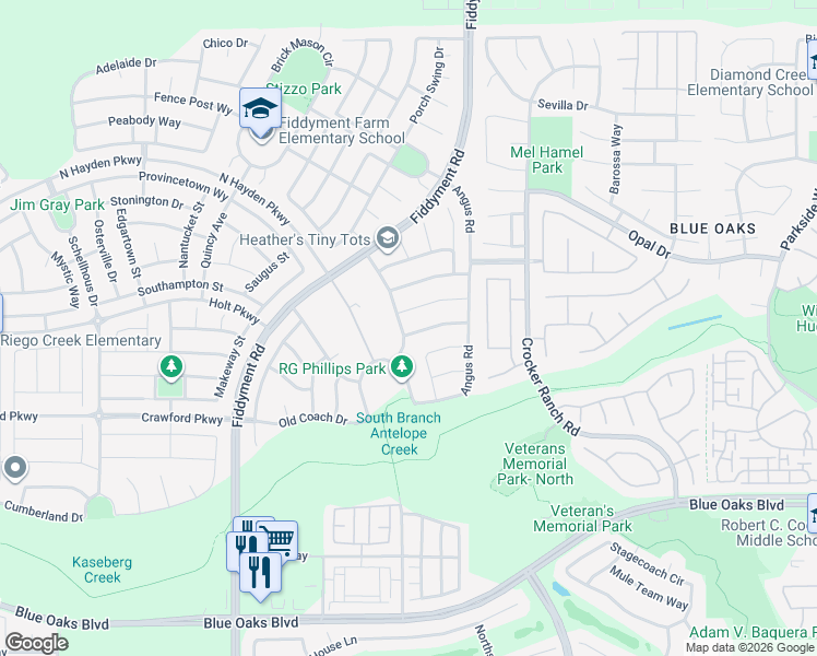 map of restaurants, bars, coffee shops, grocery stores, and more near 4001 Haystack Way in Roseville