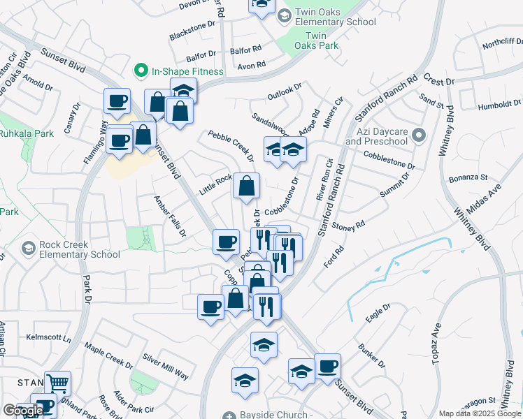 map of restaurants, bars, coffee shops, grocery stores, and more near 5919 Pebble Creek Drive in Rocklin