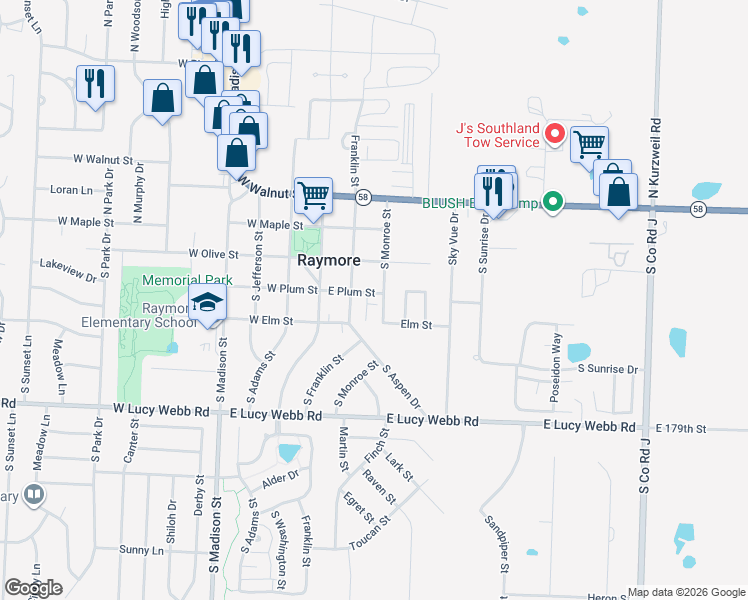 map of restaurants, bars, coffee shops, grocery stores, and more near 401 Monroe Street in Raymore